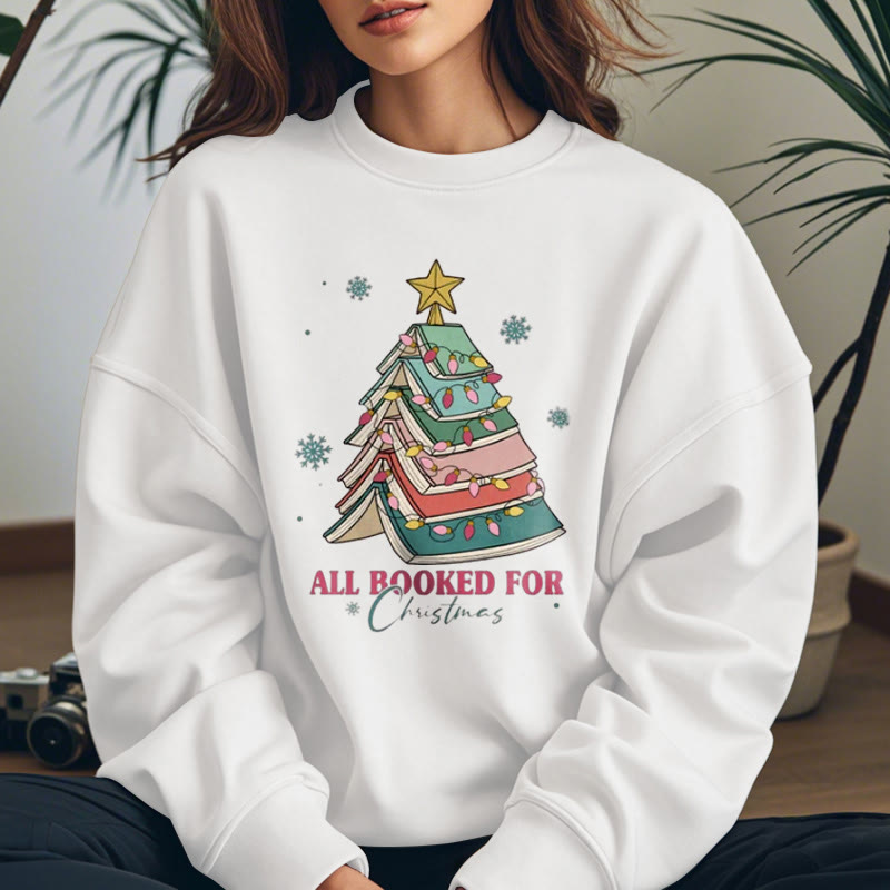 ALL BOOKED FOR CHRISTMAS Tree of Books Womens Crewneck Sweatshirt Pullover