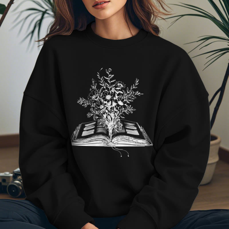 Flowers Growing from Book Womens Crewneck Sweatshirt Pullover