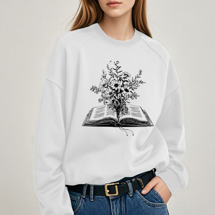 Flowers Growing from Book Womens Crewneck Sweatshirt Pullover