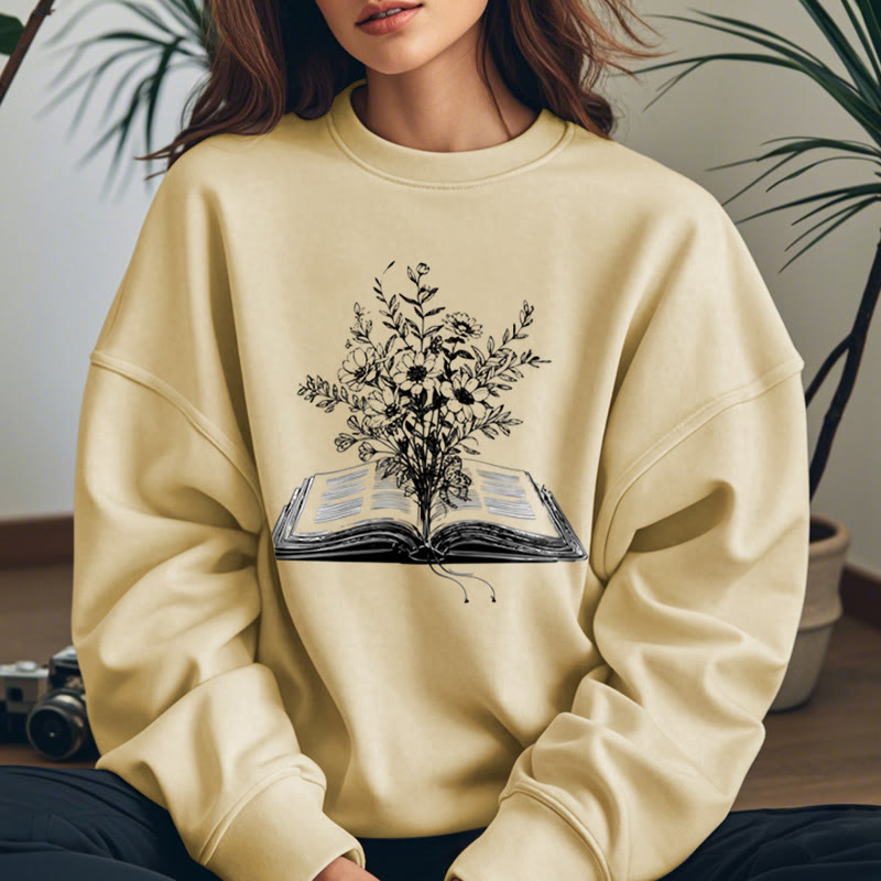 Flowers Growing from Book Womens Crewneck Sweatshirt Pullover