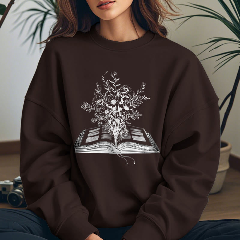 Flowers Growing from Book Womens Crewneck Sweatshirt Pullover