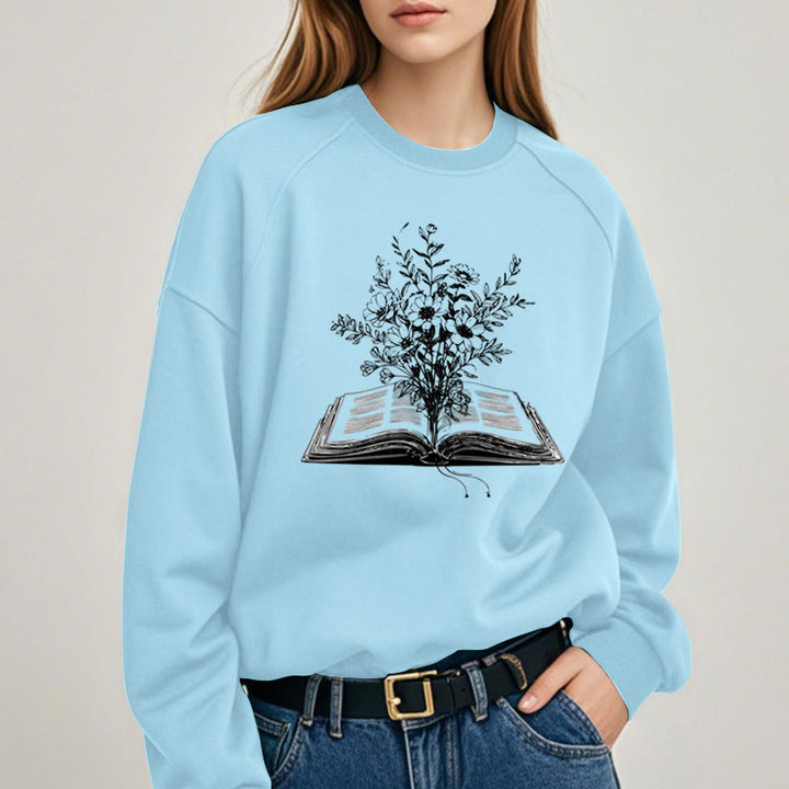 Flowers Growing from Book Womens Crewneck Sweatshirt Pullover