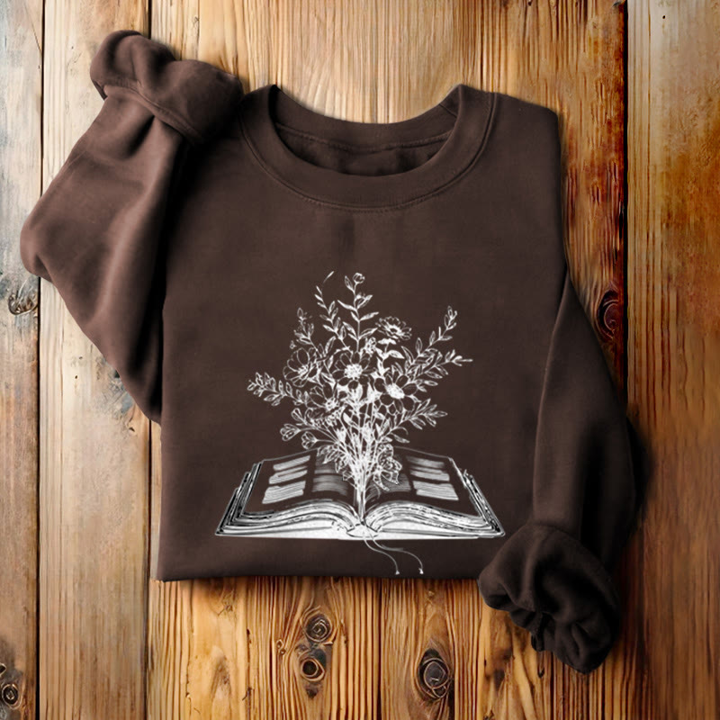 Flowers Growing from Book Womens Crewneck Sweatshirt Pullover