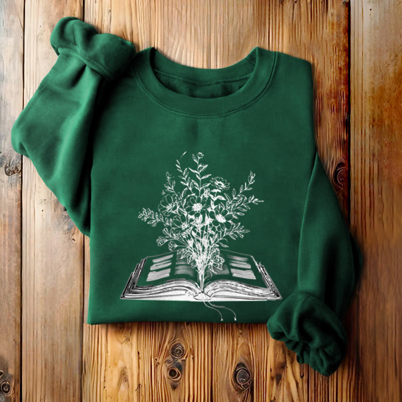 Flowers Growing from Book Womens Crewneck Sweatshirt Pullover