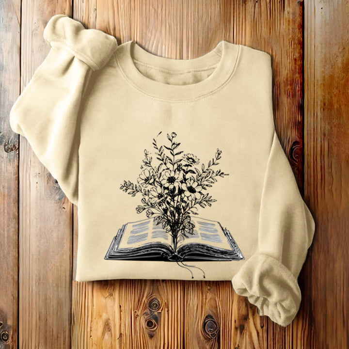 Flowers Growing from Book Womens Crewneck Sweatshirt Pullover