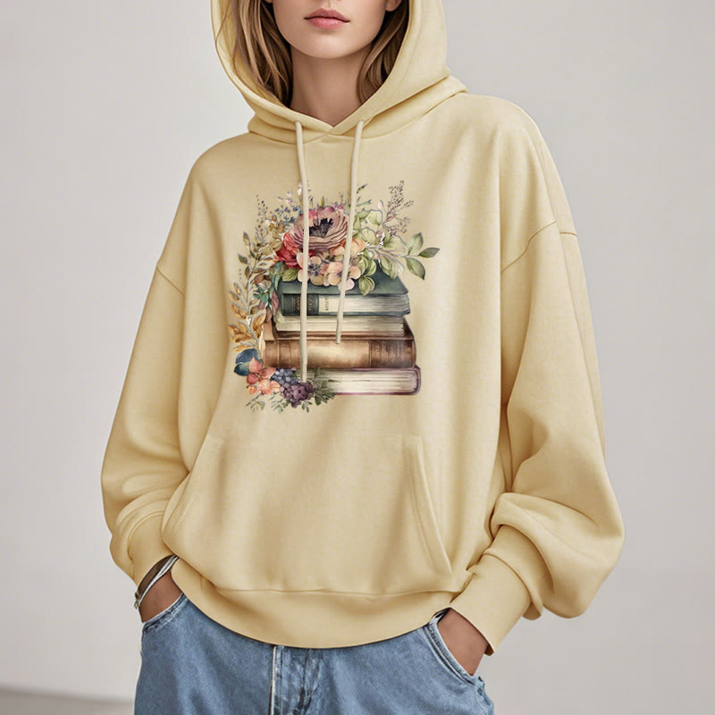 Books Surrounded By Flowers Fleece Lined Hoodie Comfy Hooded Sweatshirts