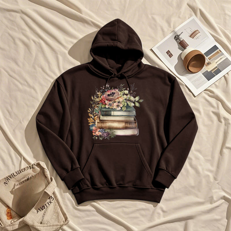 Books Surrounded By Flowers Fleece Lined Hoodie Comfy Hooded Sweatshirts