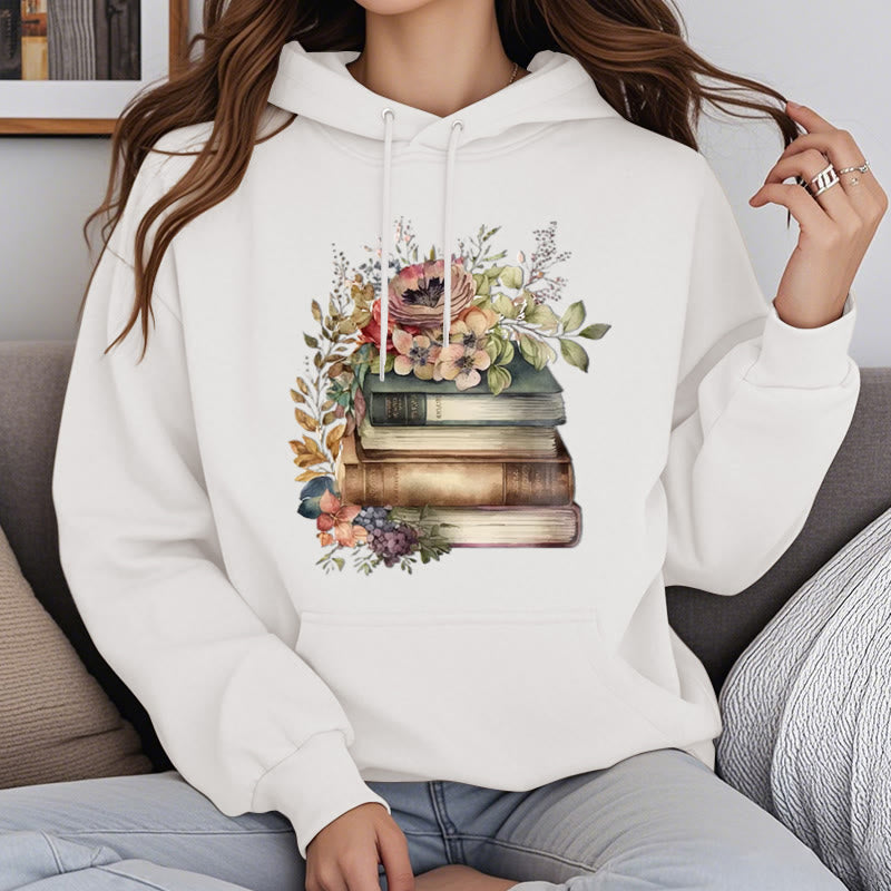 Books Surrounded By Flowers Fleece Lined Hoodie Comfy Hooded Sweatshirts