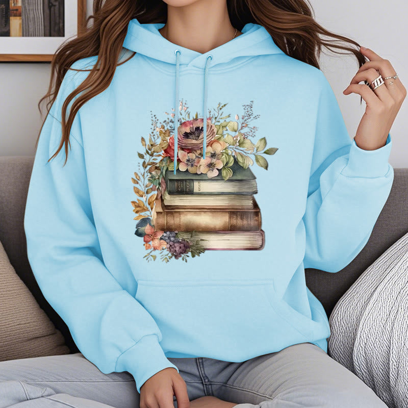 Books Surrounded By Flowers Fleece Lined Hoodie Comfy Hooded Sweatshirts