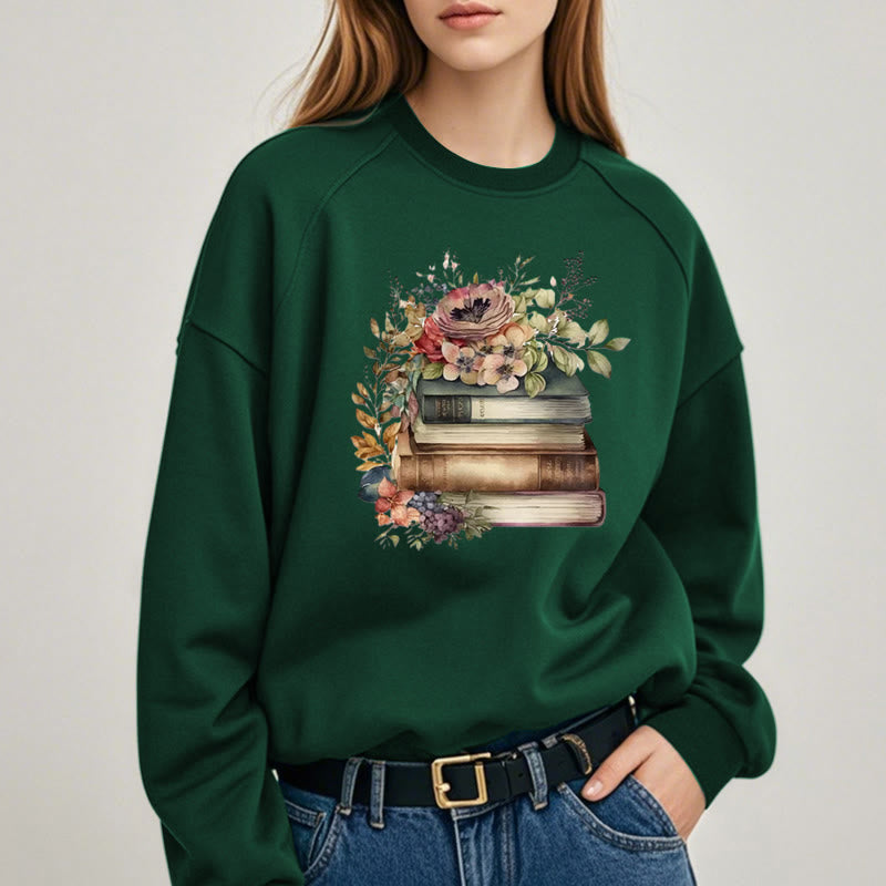 Books And Flowers Book Lovers Crewneck Sweatshirt Pullover