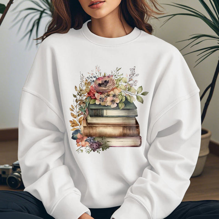 Books And Flowers Book Lovers Crewneck Sweatshirt Pullover