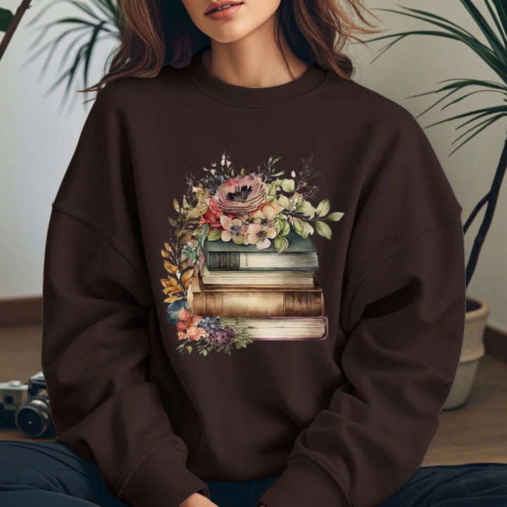 Books And Flowers Book Lovers Crewneck Sweatshirt Pullover