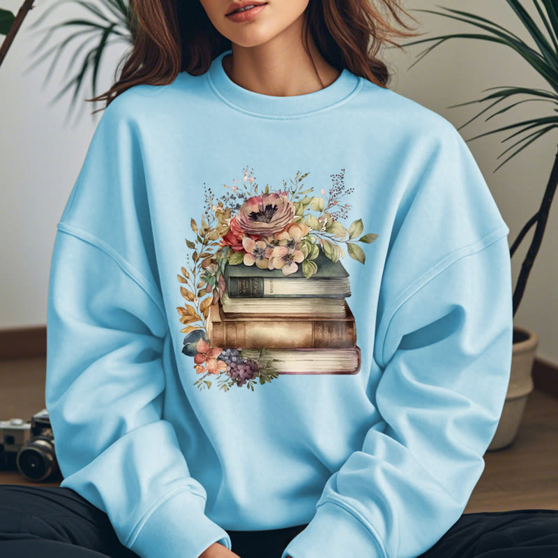 Books And Flowers Book Lovers Crewneck Sweatshirt Pullover