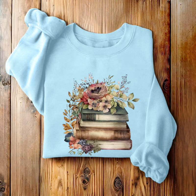 Books And Flowers Book Lovers Crewneck Sweatshirt Pullover