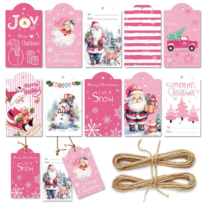 60pcs Set Pink Christmas Snowman Theme Greeting Gift Tag With Rope