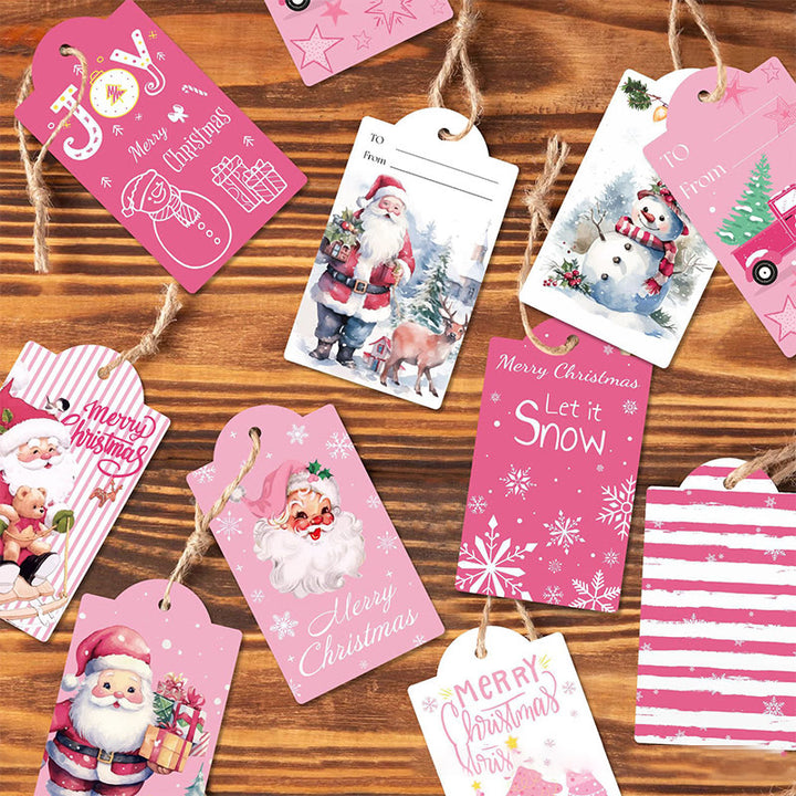 60pcs Set Pink Christmas Snowman Theme Greeting Gift Tag With Rope