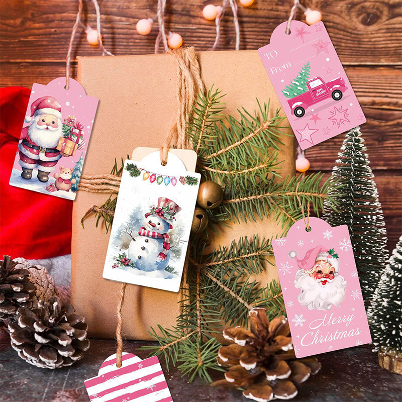 60pcs Set Pink Christmas Snowman Theme Greeting Gift Tag With Rope