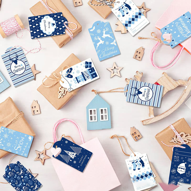 60pcs Set Blue Christmas Winter Snowman Greeting Gift Tag With Rope