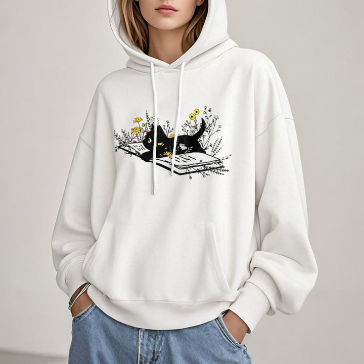 Running Cat On Books Fleece Hoodie Long Sleeves Hooded Sweatshirts