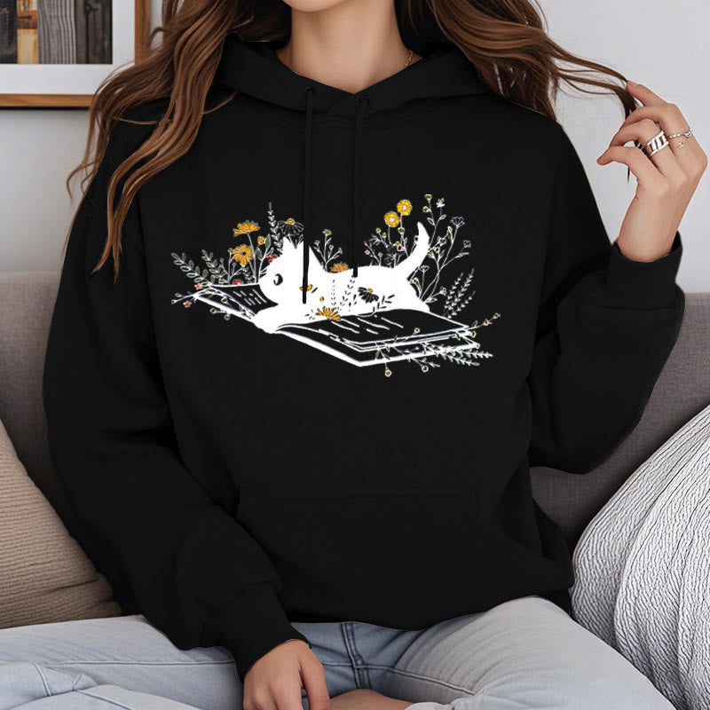 Running Cat On Books Fleece Hoodie Long Sleeves Hooded Sweatshirts