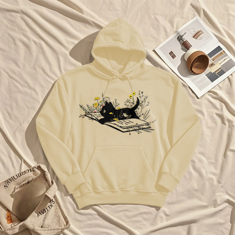 Running Cat On Books Fleece Hoodie Long Sleeves Hooded Sweatshirts