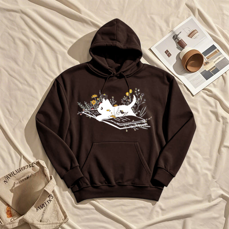 Running Cat On Books Fleece Hoodie Long Sleeves Hooded Sweatshirts