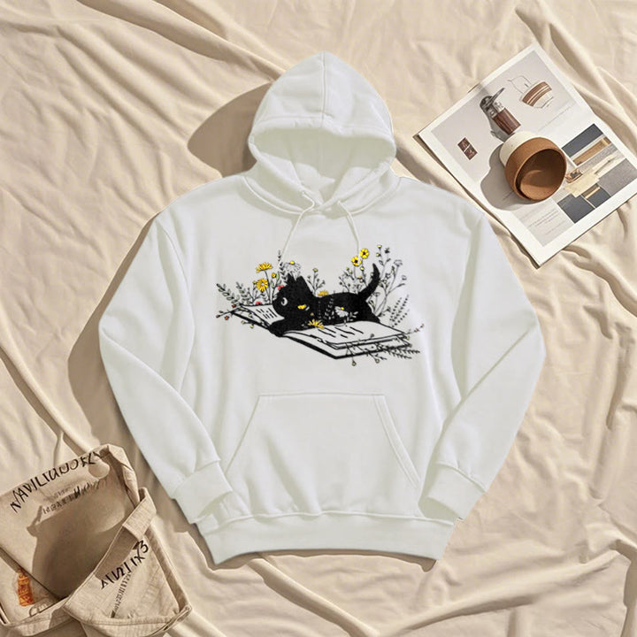 Running Cat On Books Fleece Hoodie Long Sleeves Hooded Sweatshirts