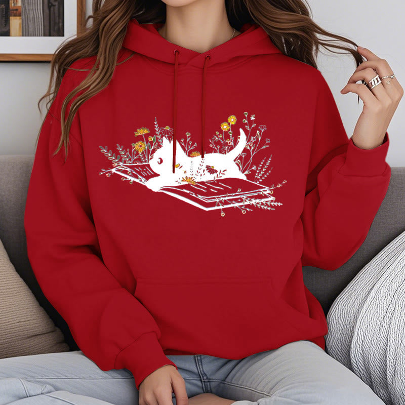 Running Cat On Books Fleece Hoodie Long Sleeves Hooded Sweatshirts