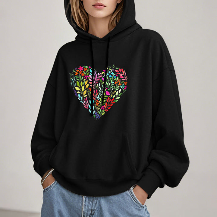 Bright Flower Heart Fleece Hoodie Long Sleeves Hooded Sweatshirts