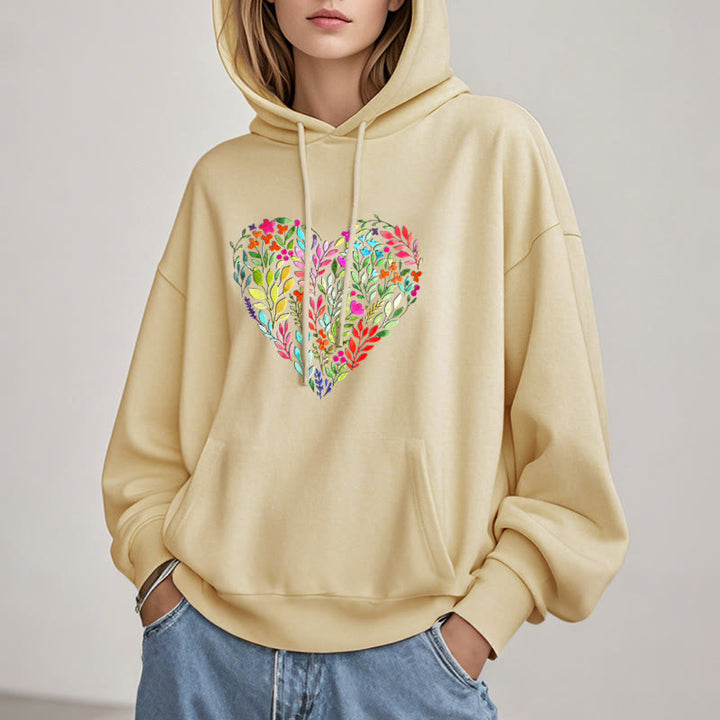 Bright Flower Heart Fleece Hoodie Long Sleeves Hooded Sweatshirts