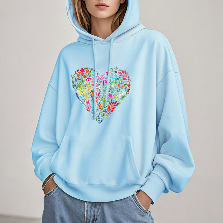 Bright Flower Heart Fleece Hoodie Long Sleeves Hooded Sweatshirts