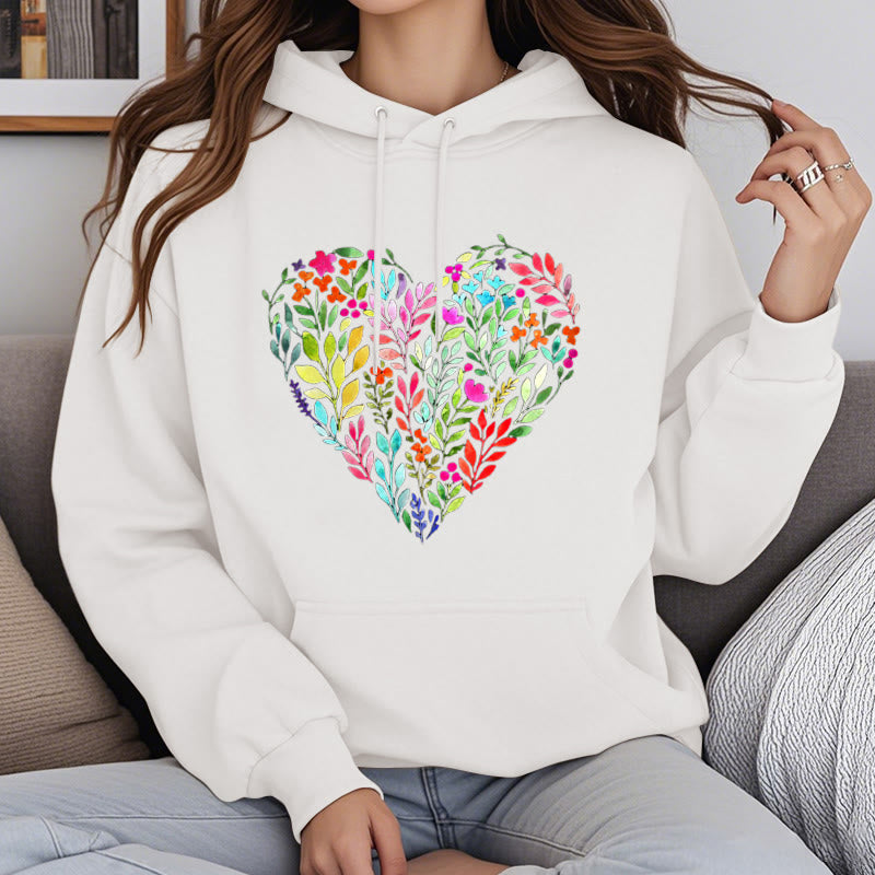 Bright Flower Heart Fleece Hoodie Long Sleeves Hooded Sweatshirts