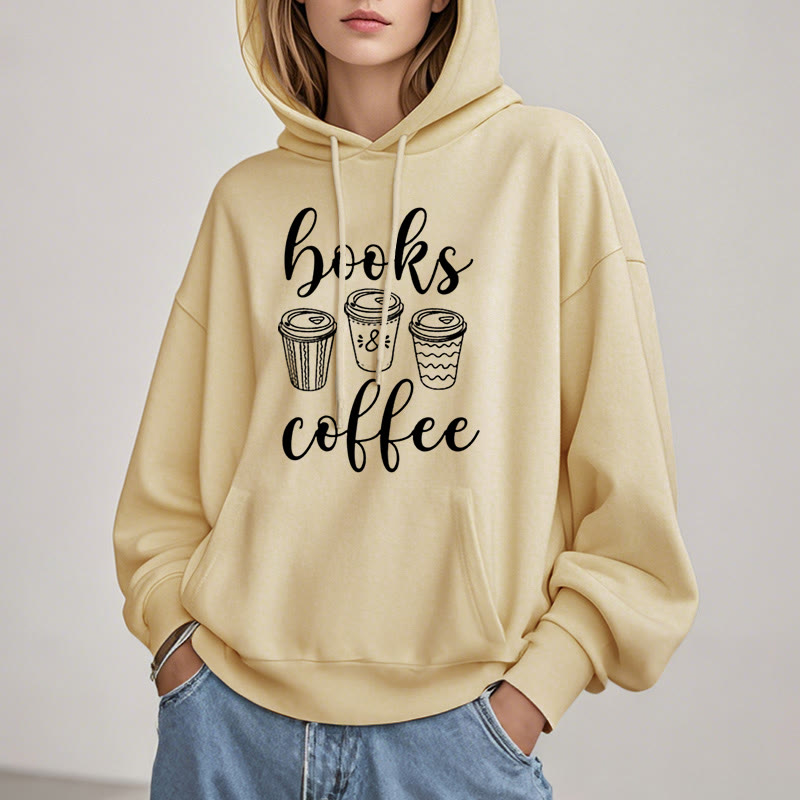 Reading Books With Coffee Fleece Hoodie Long Sleeves Hooded Sweatshirts