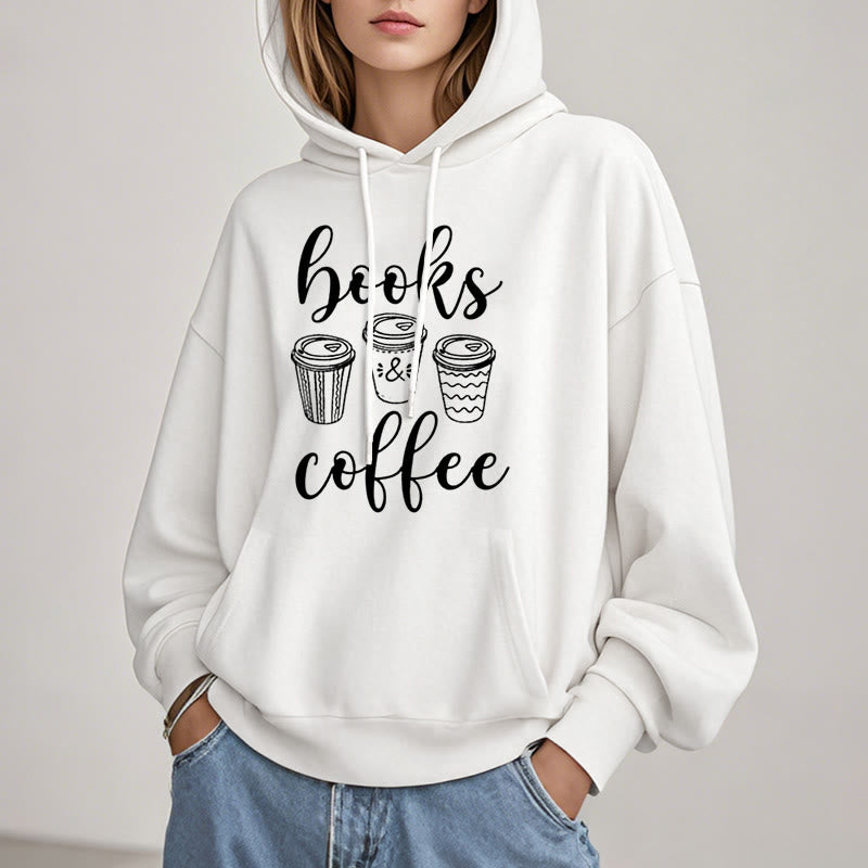 Reading Books With Coffee Fleece Hoodie Long Sleeves Hooded Sweatshirts