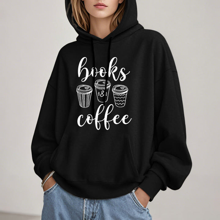 Reading Books With Coffee Fleece Hoodie Long Sleeves Hooded Sweatshirts