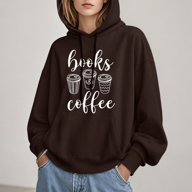 Reading Books With Coffee Fleece Hoodie Long Sleeves Hooded Sweatshirts