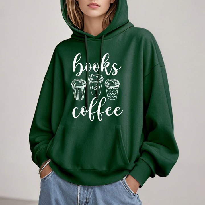 Reading Books With Coffee Fleece Hoodie Long Sleeves Hooded Sweatshirts