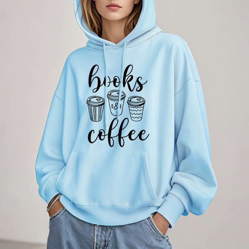 Reading Books With Coffee Fleece Hoodie Long Sleeves Hooded Sweatshirts