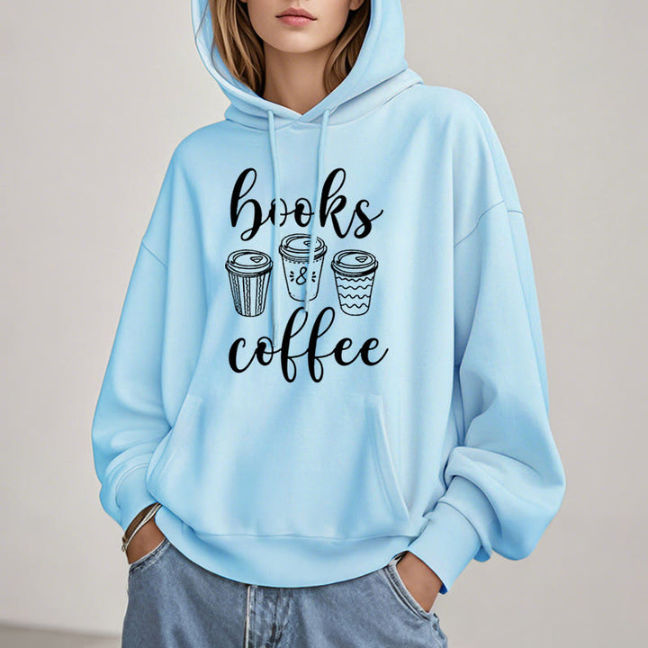 Reading Books With Coffee Fleece Hoodie Long Sleeves Hooded Sweatshirts