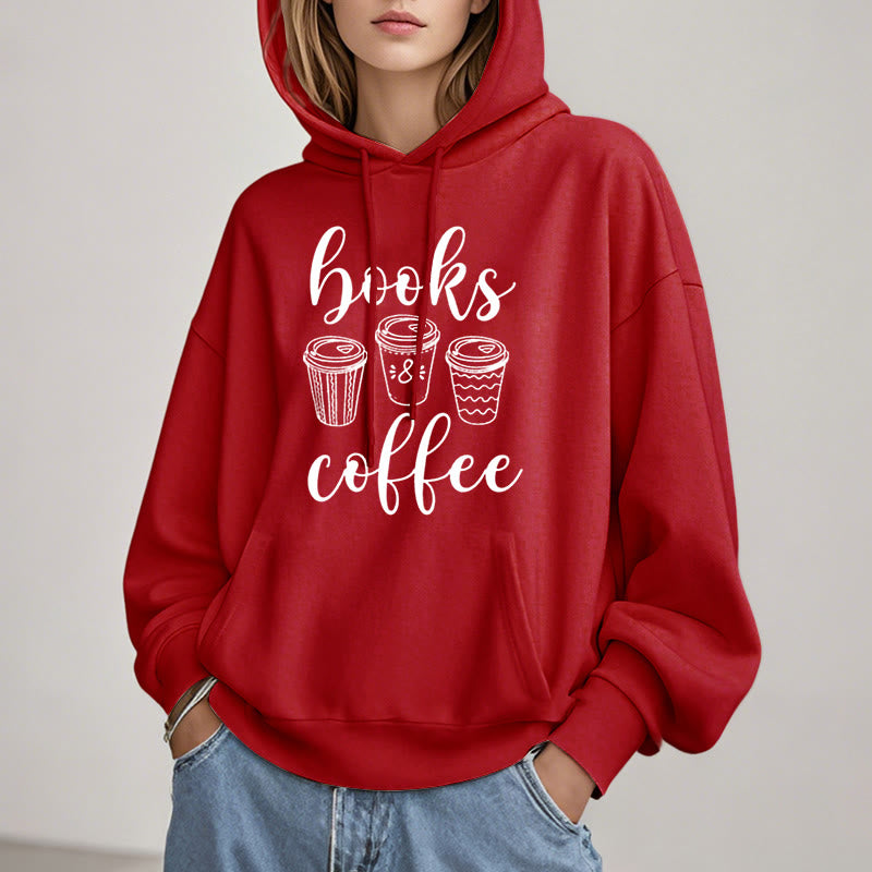 Reading Books With Coffee Fleece Hoodie Long Sleeves Hooded Sweatshirts