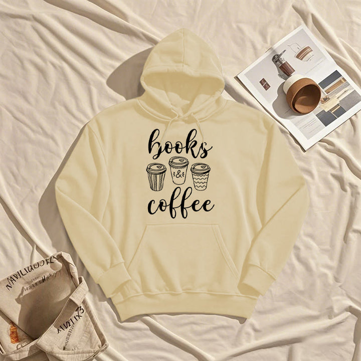 Reading Books With Coffee Fleece Hoodie Long Sleeves Hooded Sweatshirts