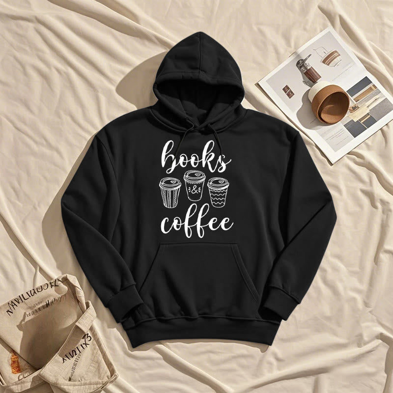 Reading Books With Coffee Fleece Hoodie Long Sleeves Hooded Sweatshirts