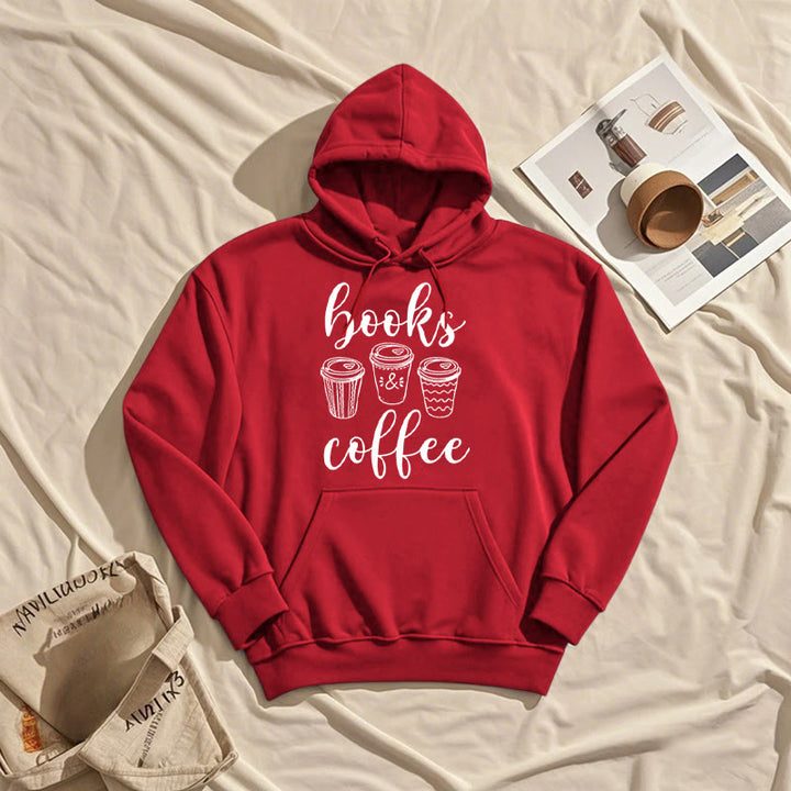 Reading Books With Coffee Fleece Hoodie Long Sleeves Hooded Sweatshirts