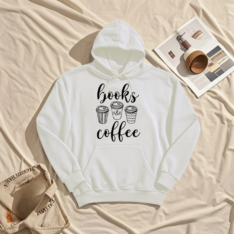 Reading Books With Coffee Fleece Hoodie Long Sleeves Hooded Sweatshirts