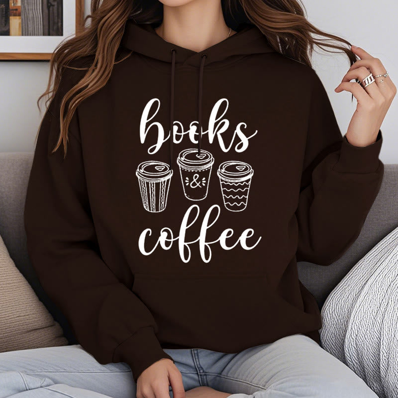 Reading Books With Coffee Fleece Hoodie Long Sleeves Hooded Sweatshirts