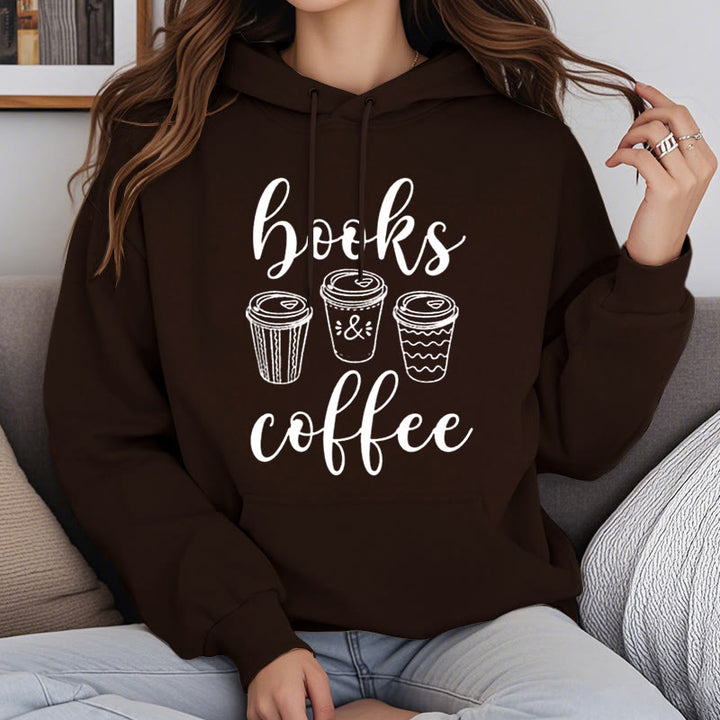 Reading Books With Coffee Fleece Hoodie Long Sleeves Hooded Sweatshirts