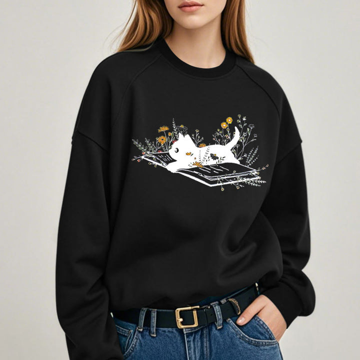 CAT ON BOOK Womens Teachers Crewneck Sweatshirt Pullover