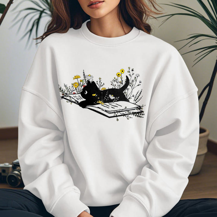 CAT ON BOOK Womens Teachers Crewneck Sweatshirt Pullover