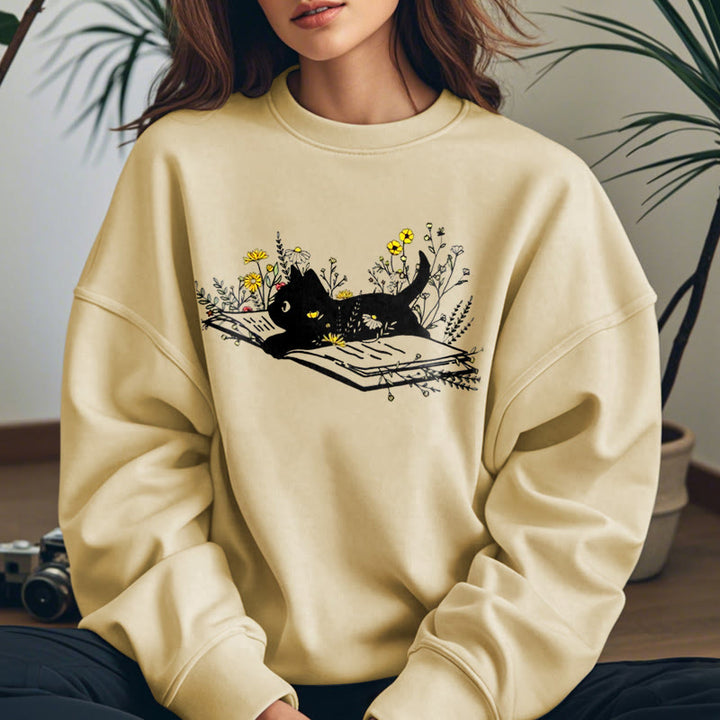 CAT ON BOOK Womens Teachers Crewneck Sweatshirt Pullover