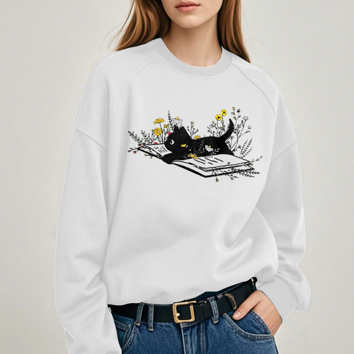 CAT ON BOOK Womens Teachers Crewneck Sweatshirt Pullover